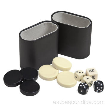 Campleadores de backgammon, dados y dos tazas de dados de cuero genuinas